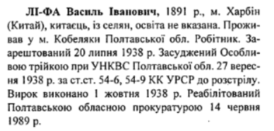Репресовані китайці, що мешкали на території Полтавщини